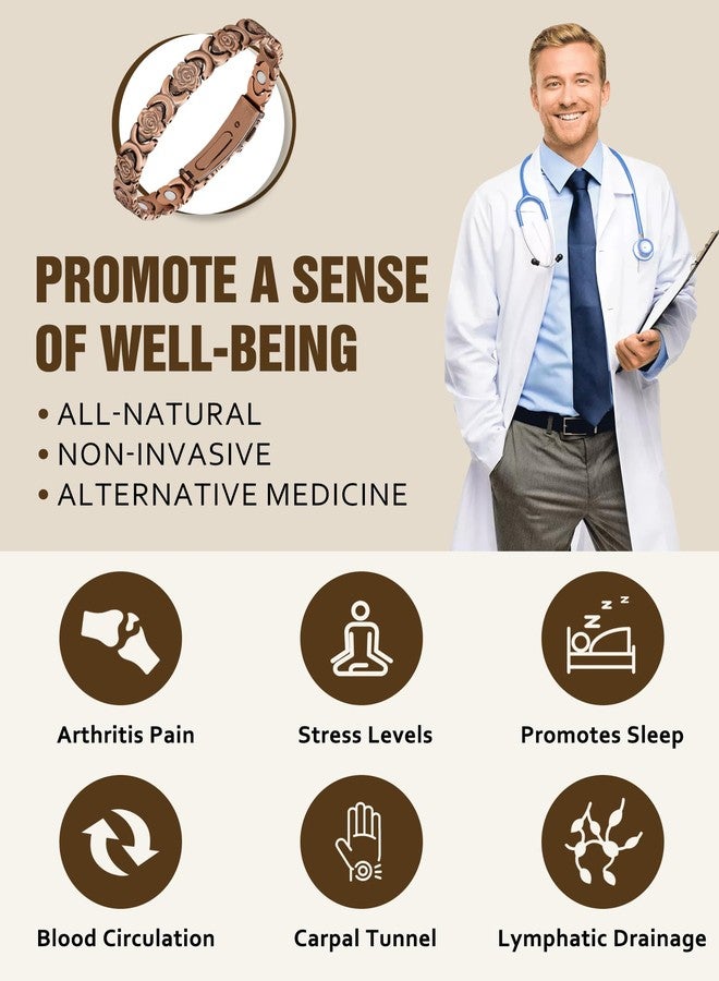 سوار جيكانوري النحاسي المغناطيسي للنساء، مزود بمغناطيس بقوة 3500 غاوس، سوار نحاسي مزين بالزهور، مشبك قابل للطي عالي الجودة، نحاس - Image 2